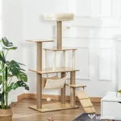 PawHut Ansamblu de Joacă pentru Pisici Compac, Zgariere și Distracție, Lemn și Plush, Dimensiuni 60 x 40 x 130 cm, Galben | Aosom România