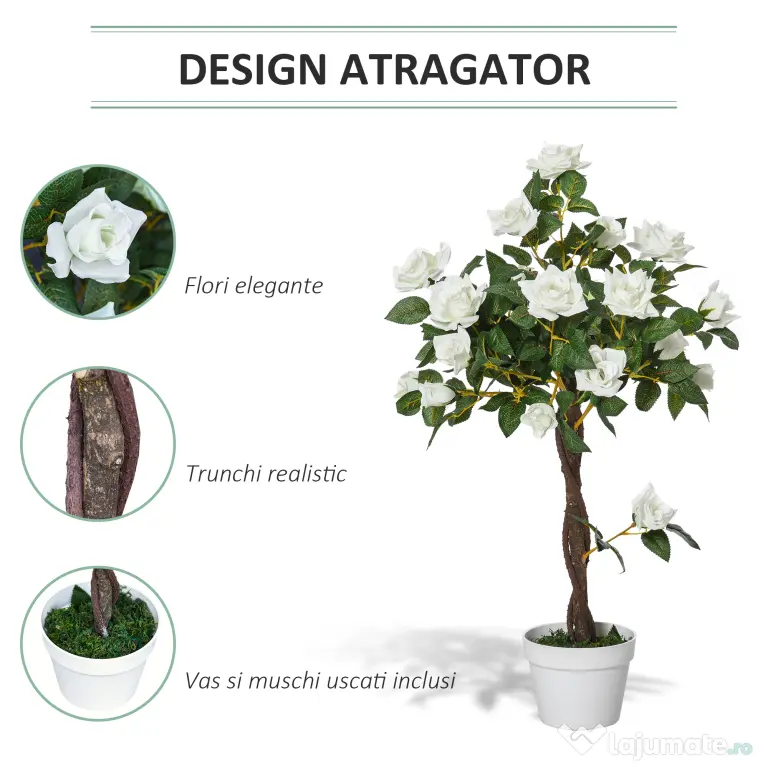 Outsunny Arbore Artificial Camelia cu 21 Flori, Ghiveci Înalt, 90 cm, Plantă Decorativă Interior & Exterior
