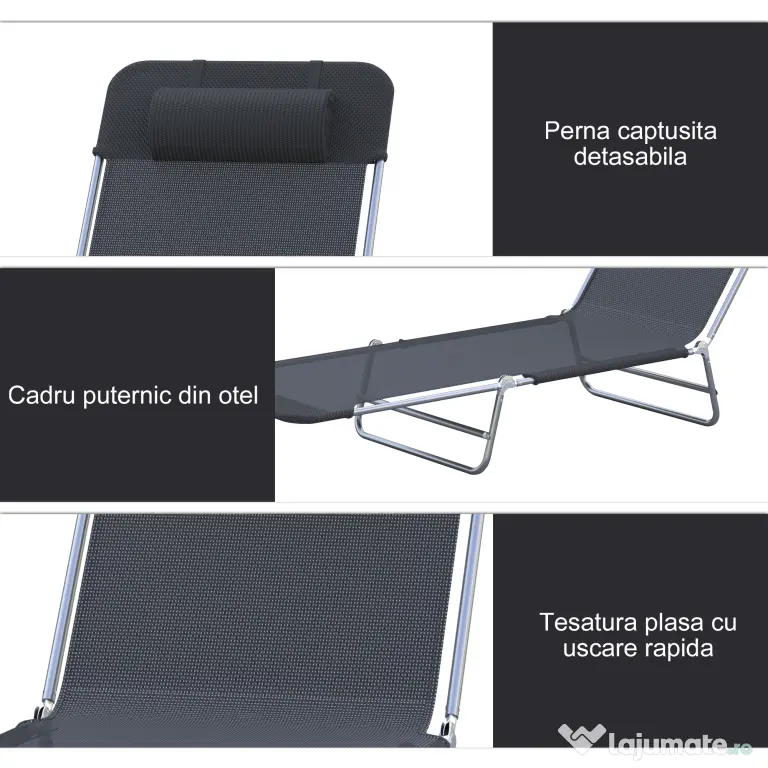 Outsunny Sezlong pentru Bronzat Pliabil si Reclinabil, negru | Aosom Romania