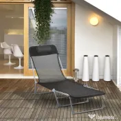 Outsunny Șezlong Pliabil cu Spătar Reglabil pe 5 Nivele și Pernă, Șezlong de Grădină cu Material Respirabil Textilen, pentru Plajă, Piscină, Grădină, 182x56x28 cm, Negru | Aosom Romania 