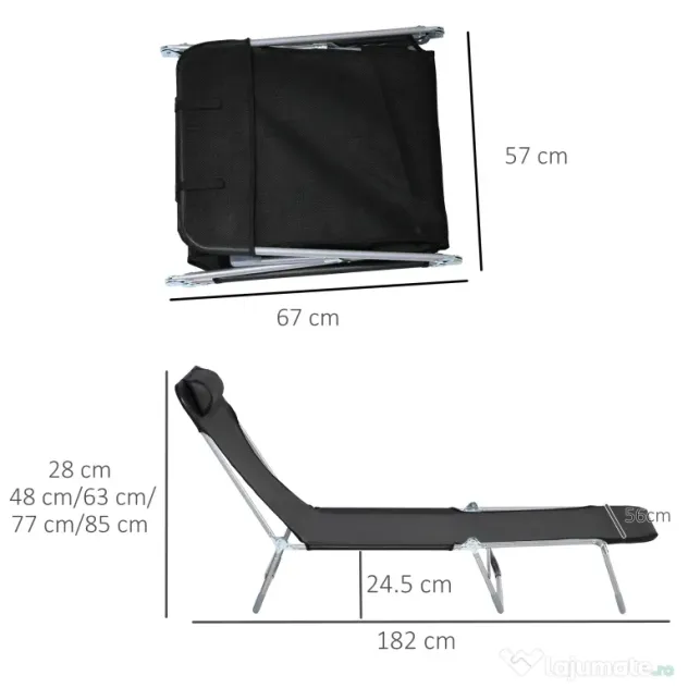 Outsunny Șezlong Pliabil cu Spătar Reglabil pe 5 Nivele și Pernă, Șezlong de Grădină cu Material Respirabil Textilen, pentru Plajă, Piscină, Grădină, 182x56x28 cm, Negru | Aosom Romania