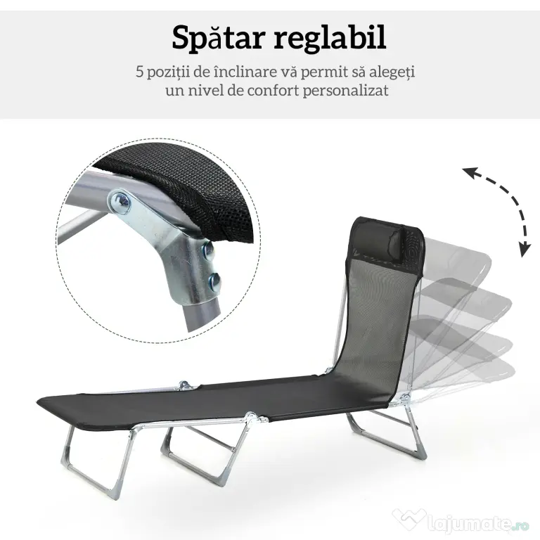 Outsunny Șezlong Pliabil cu Spătar Reglabil pe 5 Nivele și Pernă, Șezlong de Grădină cu Material Respirabil Textilen, pentru Plajă, Piscină, Grădină, 182x56x28 cm, Negru | Aosom Romania