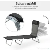 Outsunny Șezlong Pliabil cu Spătar Reglabil pe 5 Nivele și Pernă, Șezlong de Grădină cu Material Respirabil Textilen, pentru Plajă, Piscină, Grădină, 182x56x28 cm, Negru | Aosom Romania 