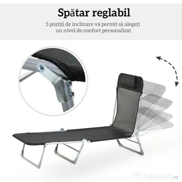 Outsunny Șezlong Pliabil cu Spătar Reglabil pe 5 Nivele și Pernă, Șezlong de Grădină cu Material Respirabil Textilen, pentru Plajă, Piscină, Grădină, 182x56x28 cm, Negru | Aosom Romania
