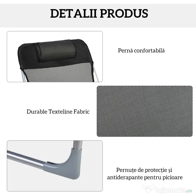 Outsunny Șezlong Pliabil cu Spătar Reglabil pe 5 Nivele și Pernă, Șezlong de Grădină cu Material Respirabil Textilen, pentru Plajă, Piscină, Grădină, 182x56x28 cm, Negru | Aosom Romania