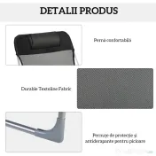Outsunny Șezlong Pliabil cu Spătar Reglabil pe 5 Nivele și Pernă, Șezlong de Grădină cu Material Respirabil Textilen, pentru Plajă, Piscină, Grădină, 182x56x28 cm, Negru | Aosom Romania 