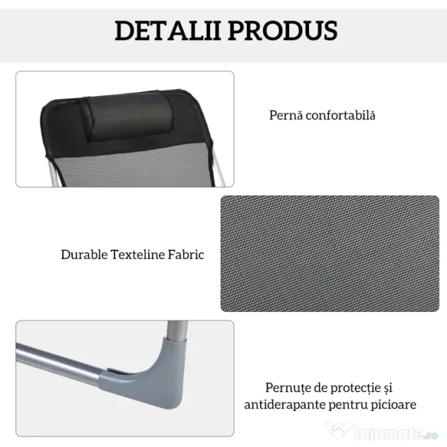 Outsunny Șezlong Pliabil cu Spătar Reglabil pe 5 Nivele și Pernă, Șezlong de Grădină cu Material Respirabil Textilen, pentru Plajă, Piscină, Grădină, 182x56x28 cm, Negru | Aosom Romania