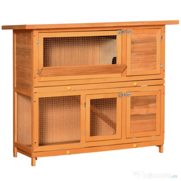 PawHut Cușcă de Iepuri din Lemn cu Rampă si 2 Nivele, 122x48x100 cm, Galben | Aosom Romania