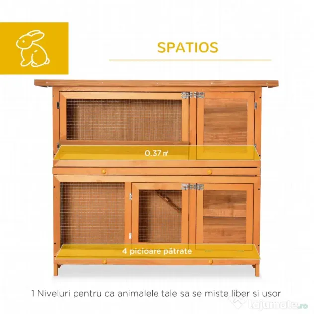 PawHut Cușcă de Iepuri din Lemn cu Rampă si 2 Nivele, 122x48x100 cm, Galben | Aosom Romania