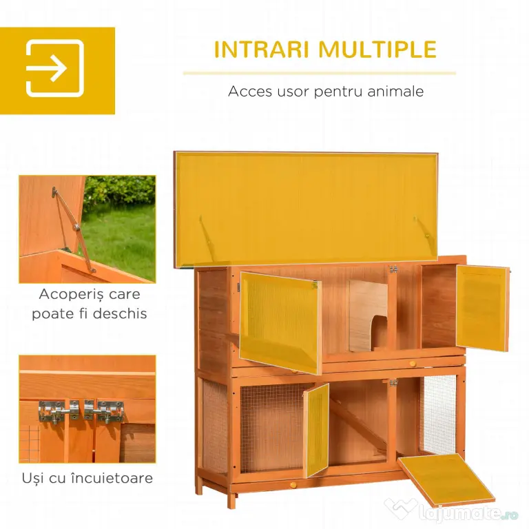 PawHut Cușcă de Iepuri din Lemn cu Rampă si 2 Nivele, 122x48x100 cm, Galben | Aosom Romania
