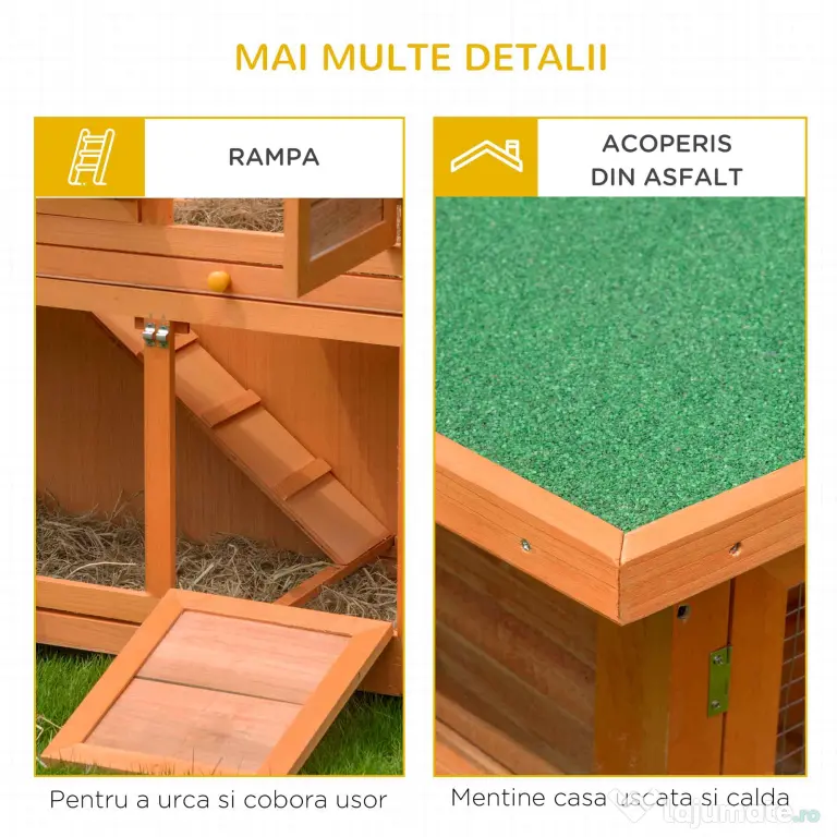 PawHut Cușcă de Iepuri din Lemn cu Rampă si 2 Nivele, 122x48x100 cm, Galben | Aosom Romania