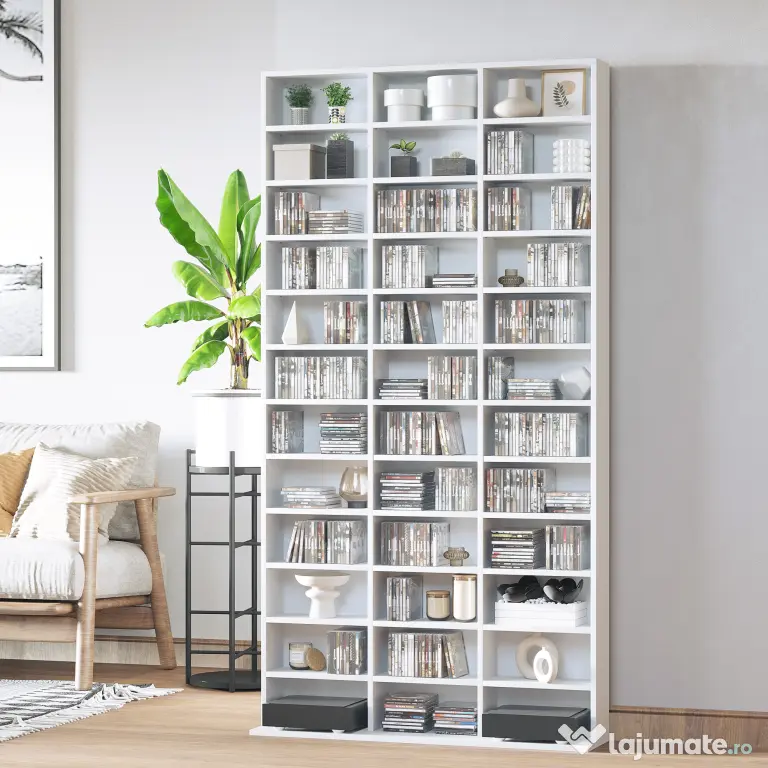HOMCOM Bibliotecă CD de perete cu 36 de rafturi reglabile, 195 x 102 x 23.5cm, alb | Aosom Romania
