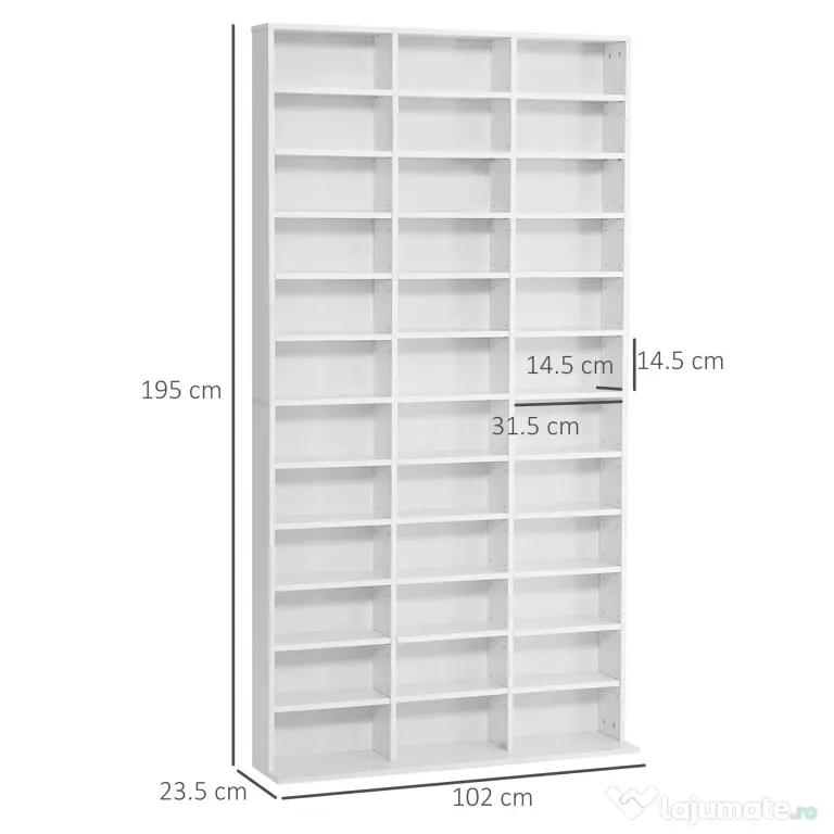HOMCOM Bibliotecă CD de perete cu 36 de rafturi reglabile, 195 x 102 x 23.5cm, alb | Aosom Romania