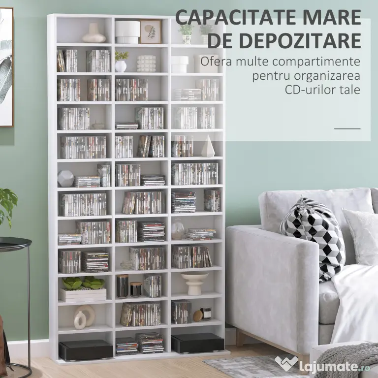 HOMCOM Bibliotecă CD de perete cu 36 de rafturi reglabile, 195 x 102 x 23.5cm, alb | Aosom Romania