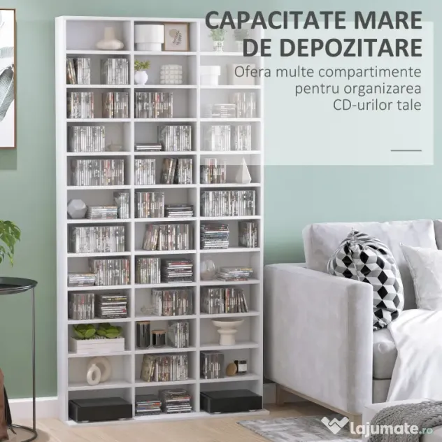 HOMCOM Bibliotecă CD de perete cu 36 de rafturi reglabile, 195 x 102 x 23.5cm, alb | Aosom Romania
