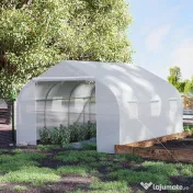 Outsunny Tunel Grădină De Legume Cu Seră Cu 6 Ferestre Și Ușă Rulantă, 4.5x3m, Alb | Aosom Romania 