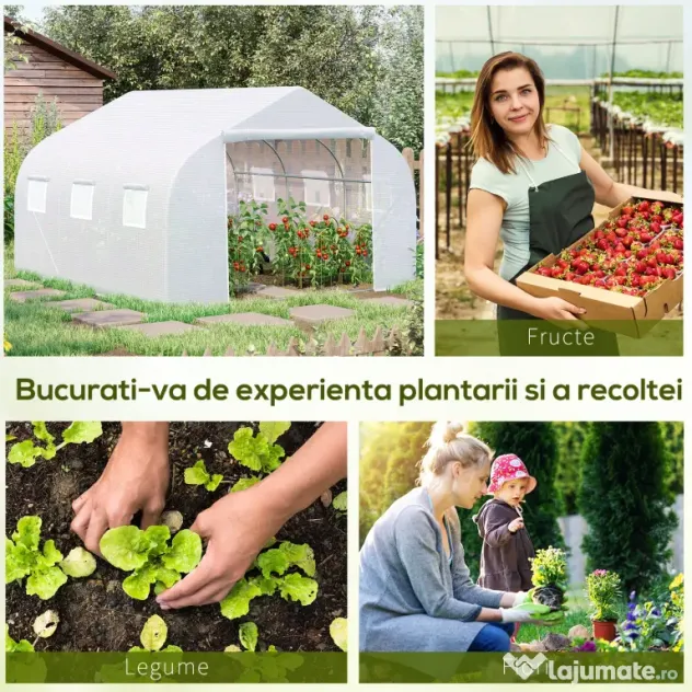 Outsunny Tunel Grădină De Legume Cu Seră Cu 6 Ferestre Și Ușă Rulantă, 4.5x3m, Alb | Aosom Romania