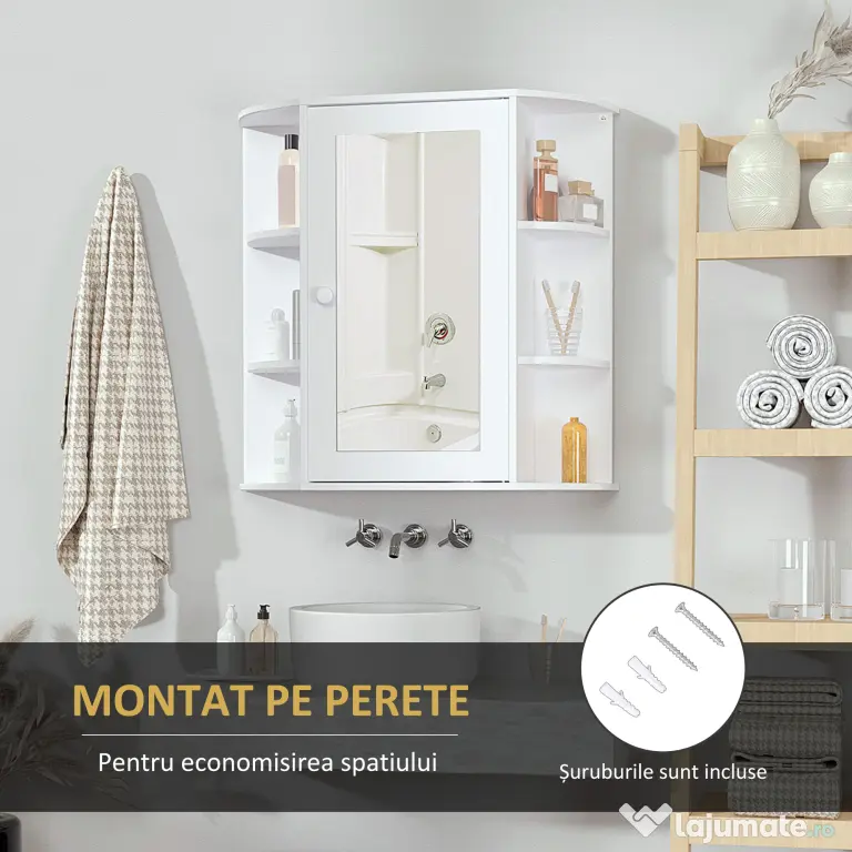 HOMCOM Dulap de Perete pentru Baie, Dulap de Baie cu Oglindă, Ușă Centrală și Rafturi din Lemn, 66x17x63 cm, Alb | Aosom Romania