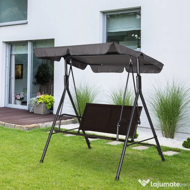 Outsunny Balansoar Hollywood, Balansoar de Grădină cu Baldachin, Acoperiș Reglabil, Negru + Maro + Gri | Aosom Romania