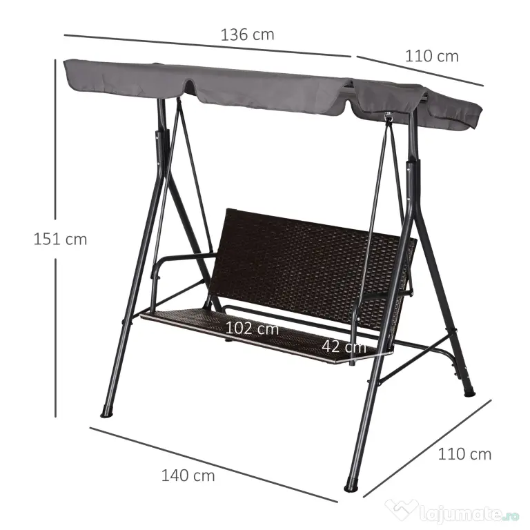 Outsunny Balansoar Hollywood, Balansoar de Grădină cu Baldachin, Acoperiș Reglabil, Negru + Maro + Gri | Aosom Romania