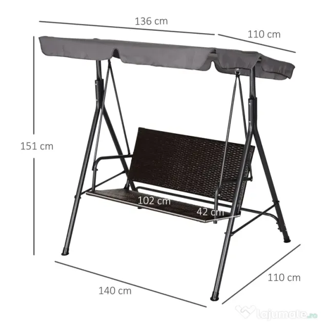 Outsunny Balansoar Hollywood, Balansoar de Grădină cu Baldachin, Acoperiș Reglabil, Negru + Maro + Gri | Aosom Romania