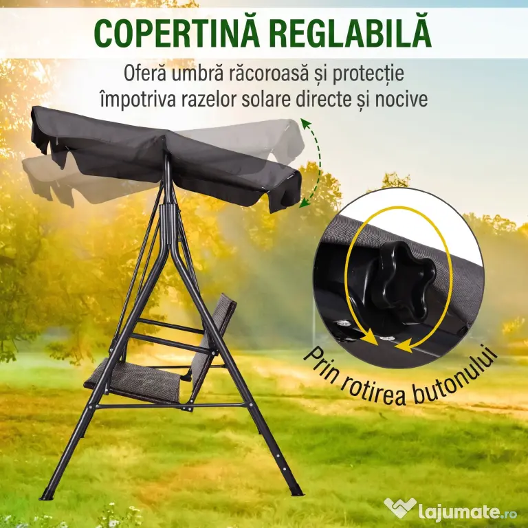 Outsunny Balansoar Hollywood, Balansoar de Grădină cu Baldachin, Acoperiș Reglabil, Negru + Maro + Gri | Aosom Romania