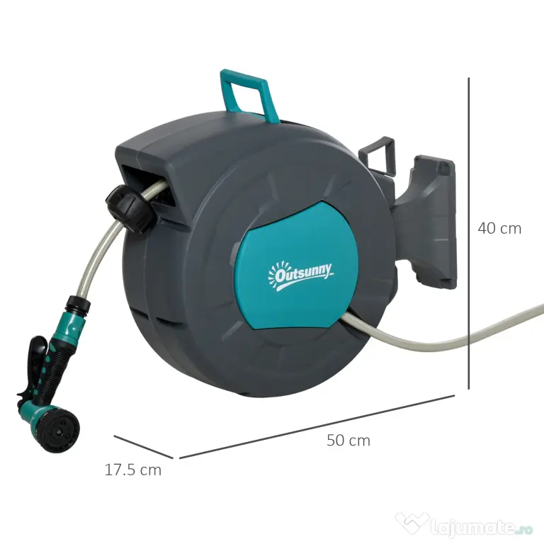 Outsunny Tambur pentru furtun cu derulare automata, montat pe perete, cu rotire la 180°, furtun de 15+1,4m si pistol de stropit multifunctional, gri