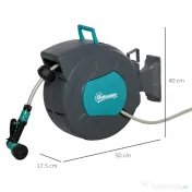 Outsunny Tambur pentru furtun cu derulare automata, montat pe perete, cu rotire la 180°, furtun de 15+1,4m si pistol de stropit multifunctional, gri