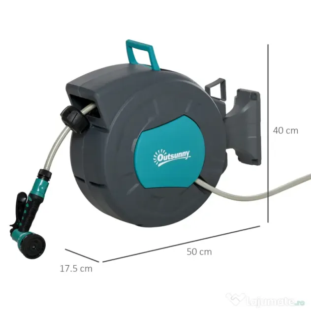 Outsunny Tambur pentru furtun cu derulare automata, montat pe perete, cu rotire la 180°, furtun de 15+1,4m si pistol de stropit multifunctional, gri
