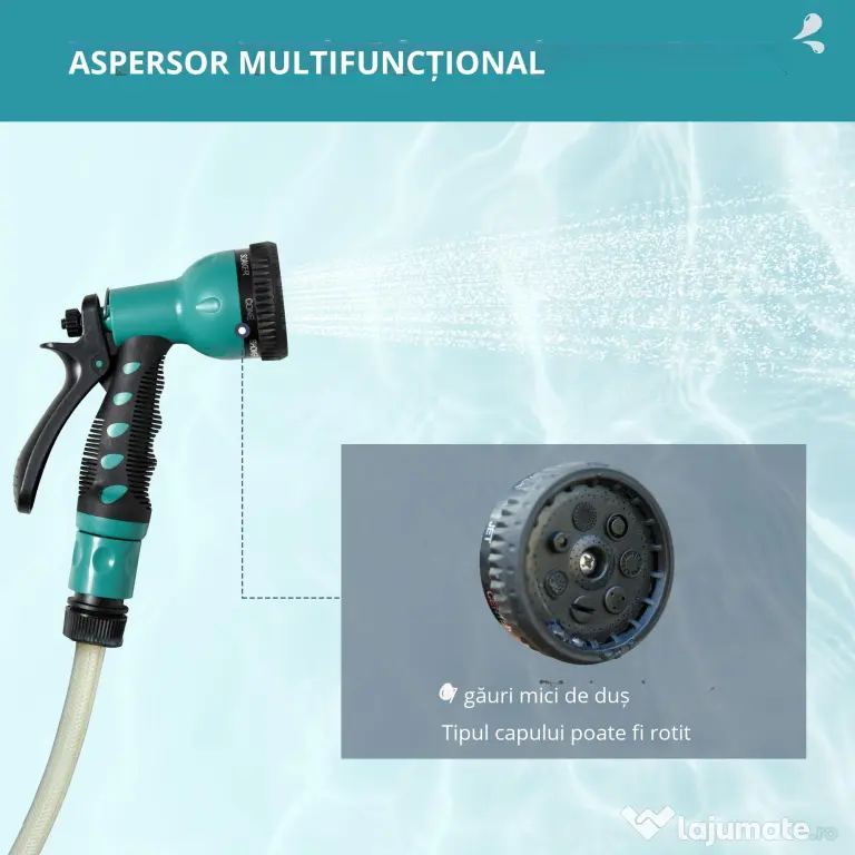 Outsunny Tambur pentru furtun cu derulare automata, montat pe perete, cu rotire la 180°, furtun de 15+1,4m si pistol de stropit multifunctional, gri