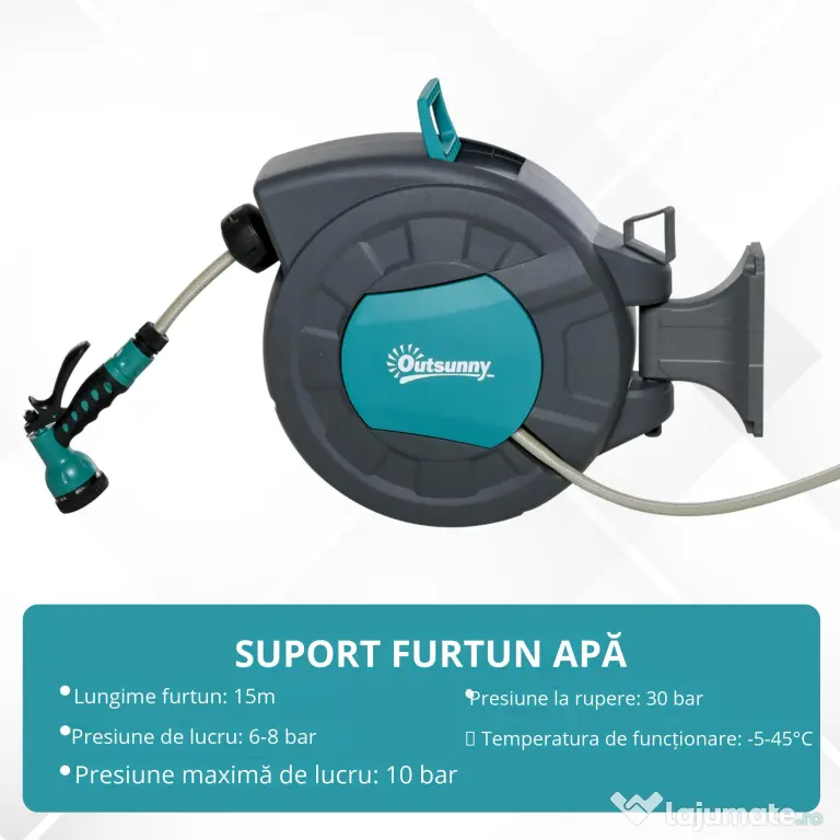 Outsunny Tambur pentru furtun cu derulare automata, montat pe perete, cu rotire la 180°, furtun de 15+1,4m si pistol de stropit multifunctional, gri