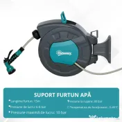 Outsunny Tambur pentru furtun cu derulare automata, montat pe perete, cu rotire la 180°, furtun de 15+1,4m si pistol de stropit multifunctional, gri