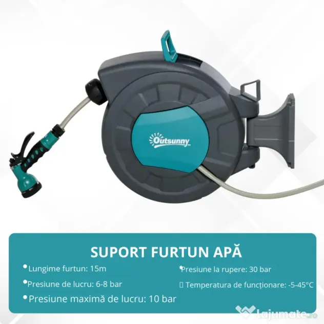 Outsunny Tambur pentru furtun cu derulare automata, montat pe perete, cu rotire la 180°, furtun de 15+1,4m si pistol de stropit multifunctional, gri