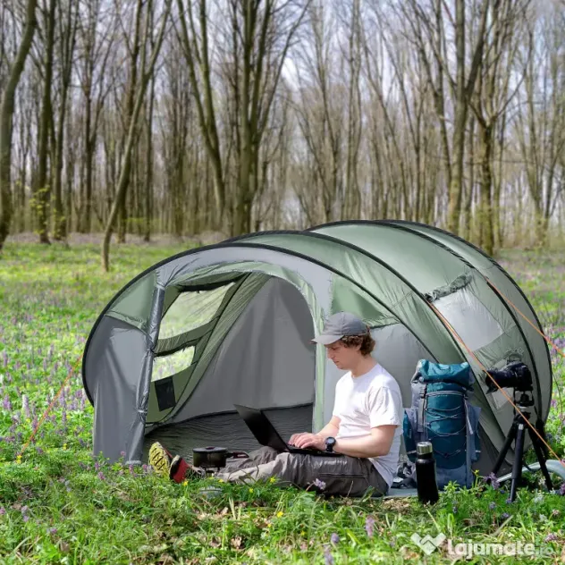 Outsunny Cort de Camping Pop Up pentru 2 Persoane cu 2 Uși, 4 Ferestre și Înveliș Impermeabil, 263.5x220x123 cm, Verde | Aosom Romania