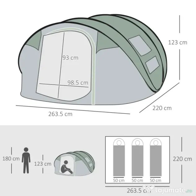 Outsunny Cort de Camping Pop Up pentru 2 Persoane cu 2 Uși, 4 Ferestre și Înveliș Impermeabil, 263.5x220x123 cm, Verde | Aosom Romania