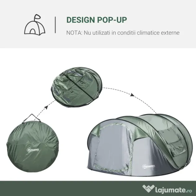 Outsunny Cort de Camping Pop Up pentru 2 Persoane cu 2 Uși, 4 Ferestre și Înveliș Impermeabil, 263.5x220x123 cm, Verde | Aosom Romania