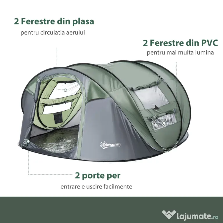 Outsunny Cort de Camping Pop Up pentru 2 Persoane cu 2 Uși, 4 Ferestre și Înveliș Impermeabil, 263.5x220x123 cm, Verde | Aosom Romania