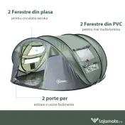 Outsunny Cort de Camping Pop Up pentru 2 Persoane cu 2 Uși, 4 Ferestre și Înveliș Impermeabil, 263.5x220x123 cm, Verde | Aosom Romania