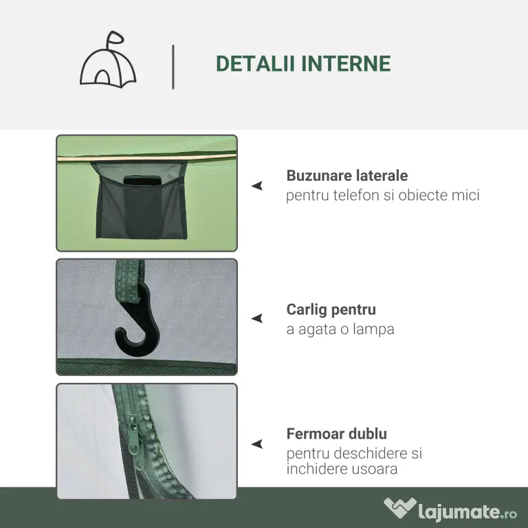 Outsunny Cort de Camping Pop Up pentru 2 Persoane cu 2 Uși, 4 Ferestre și Înveliș Impermeabil, 263.5x220x123 cm, Verde | Aosom Romania