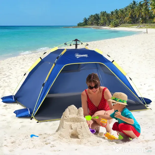 Outsunny Cort de Plajă Pop Up cu Ventilație Optimă, 2 Ferestre Perforate, Ușă cu Închidere, 220x173x120cm, Albastru și Galben | Aosom Romania
