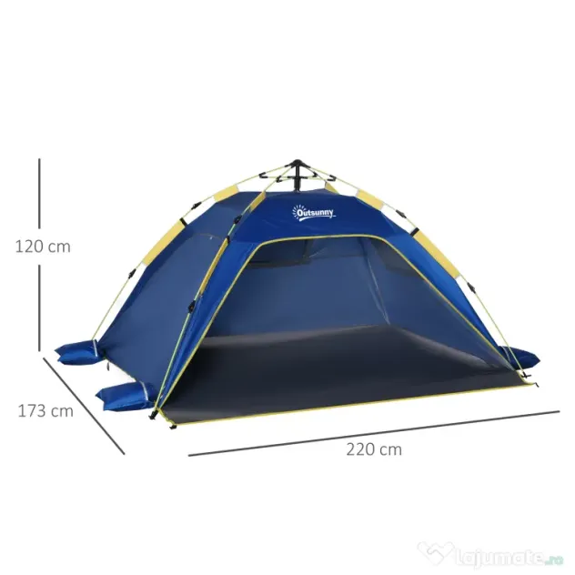Outsunny Cort de Plajă Pop Up cu Ventilație Optimă, 2 Ferestre Perforate, Ușă cu Închidere, 220x173x120cm, Albastru și Galben | Aosom Romania