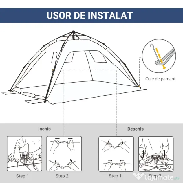 Outsunny Cort de Plajă Pop Up cu Ventilație Optimă, 2 Ferestre Perforate, Ușă cu Închidere, 220x173x120cm, Albastru și Galben | Aosom Romania