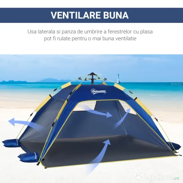 Outsunny Cort de Plajă Pop Up cu Ventilație Optimă, 2 Ferestre Perforate, Ușă cu Închidere, 220x173x120cm, Albastru și Galben | Aosom Romania