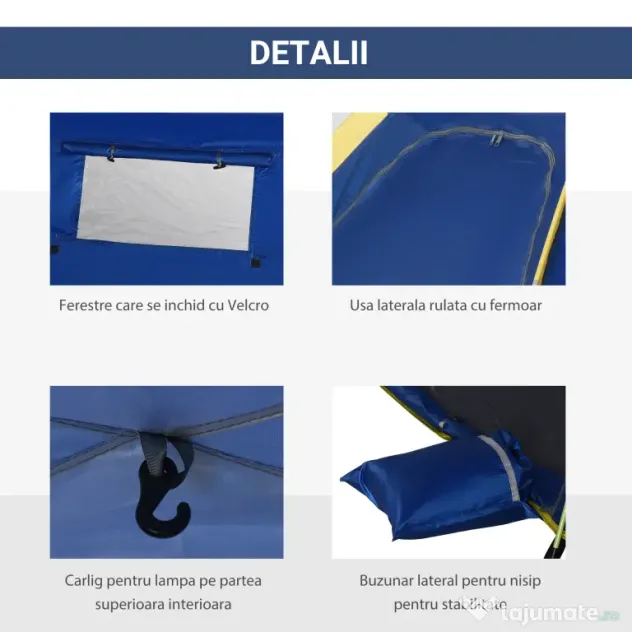 Outsunny Cort de Plajă Pop Up cu Ventilație Optimă, 2 Ferestre Perforate, Ușă cu Închidere, 220x173x120cm, Albastru și Galben | Aosom Romania
