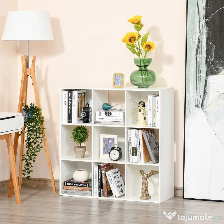 HOMCOM Bibliotecă Modulară cu 9 Compartimente Cub, Etajeră Depozitare Cărți și Jucării, Alb Mat, 91.5x29.5x91.5 cm