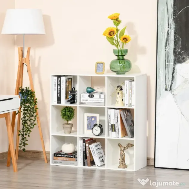 HOMCOM Bibliotecă Modulară cu 9 Compartimente Cub, Etajeră Depozitare Cărți și Jucării, Alb Mat, 91.5x29.5x91.5 cm