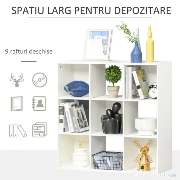 HOMCOM Bibliotecă Modulară cu 9 Compartimente Cub, Etajeră Depozitare Cărți și Jucării, Alb Mat, 91.5x29.5x91.5 cm