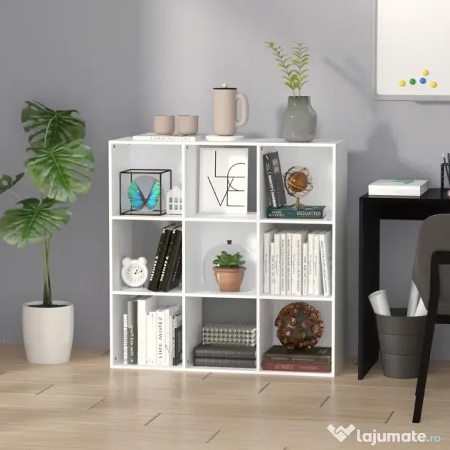 HOMCOM Bibliotecă Modulară cu 9 Compartimente Cub, Etajeră Depozitare Cărți și Jucării, Alb Mat, 91.5x29.5x91.5 cm