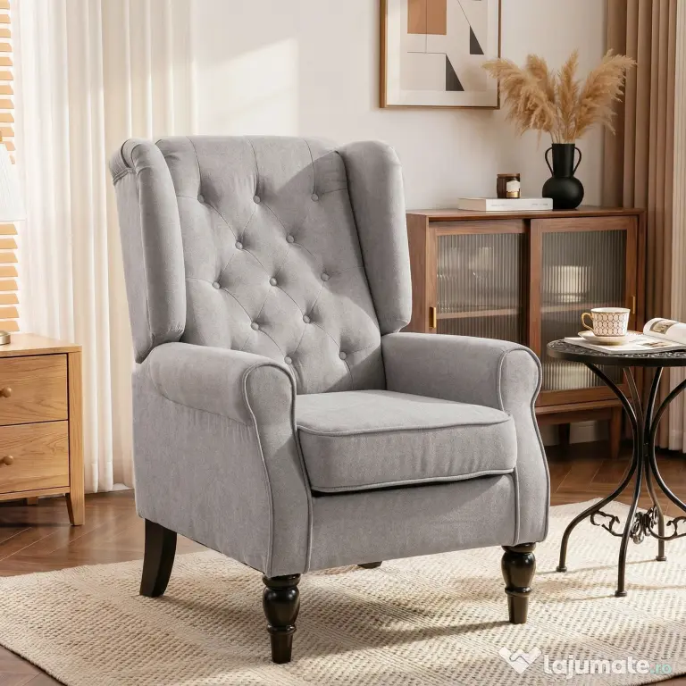 Homcom Fotoliu Chesterfield in Tesatura Detasabila cu Sezuta Ampla Gri 74 x 86 102 cm