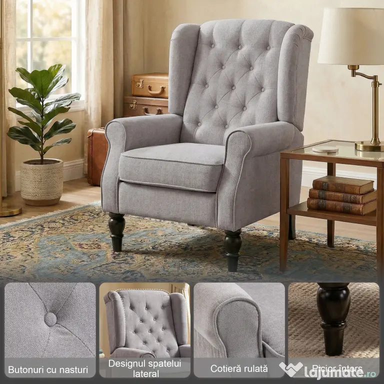 Homcom Fotoliu Chesterfield in Tesatura Detasabila cu Sezuta Ampla Gri 74 x 86 102 cm
